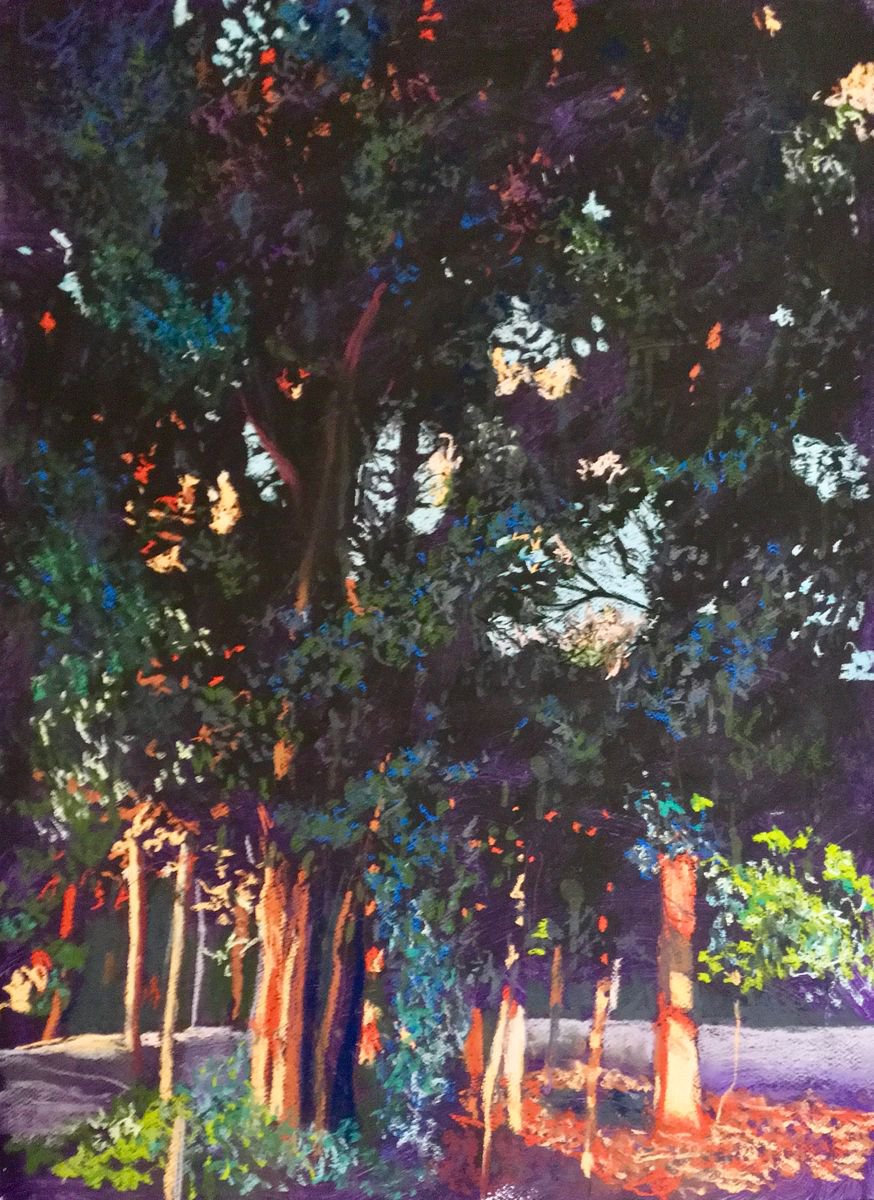 Impressionistic Landscape Pastel Drawing By John Cottee, 20 X 28, Forest Sunset, Original Artwork