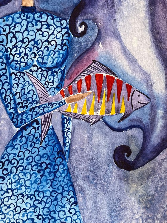 Woman Painting Fish Original Art Figurative Watercolor Artwork 12 by 17" by Halyna Kirichenko