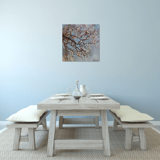 Flowering apricot tree Original oil painting