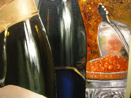 Elegant Wine Art, Champagne Bottle and Caviar