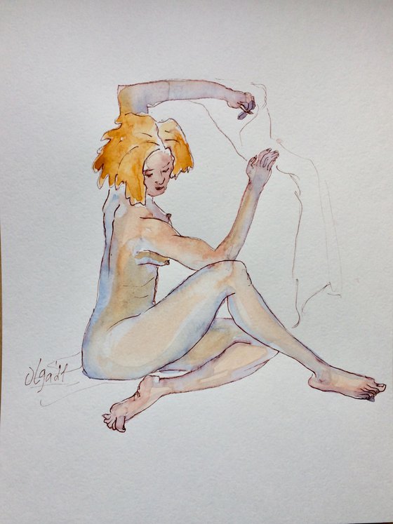 Female nude drawing - Seated ginger woman watercolor - Sensual figure study mixed media (2021)