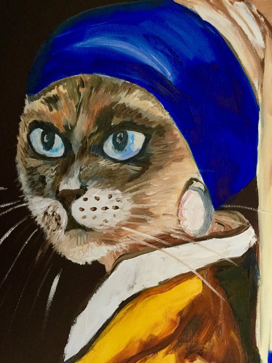 Siamese Cat with the pearl earring. Feline art. Blue eyes. Gift idea for cat lovers