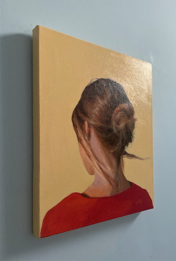 Original head portrait of a young woman, oil painting on canvas.