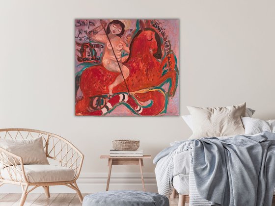 Nude Woman Naive Modern Art, canvas, oil - WARRIOR - 28x32in (80*75) cm