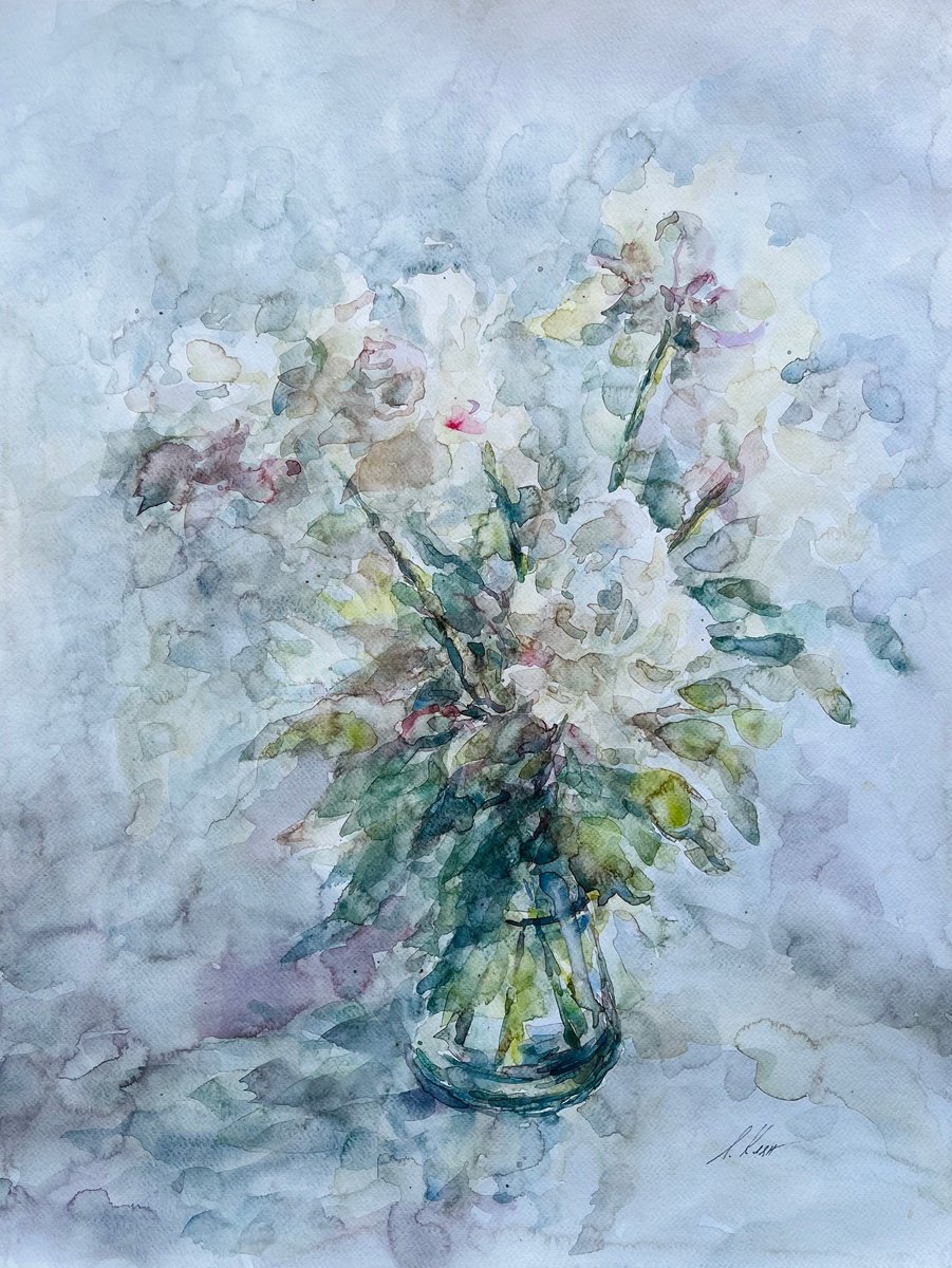 Impressionistic Botanical Watercolour By Elena Klyan, 20 X 26, Peonies 50X65Cm 2025, Original Artwork