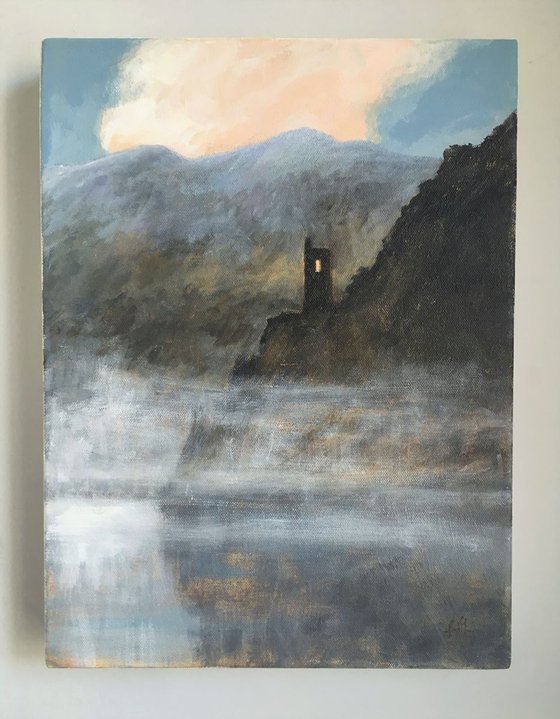 Castle in the Mist. Semi abstract classical landscape on canvas 40x30cm.