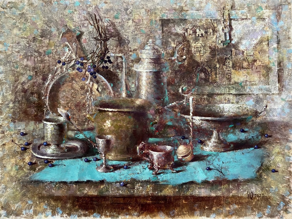 Impressionistic Still Life Oil Painting By Yulia Odukalets, 31 X 24", Silver Turquoise Moody Kitchen, Original Artwork