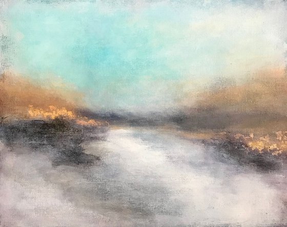 Abstract landscape misty winter atmospheric with gold leaf turquoise