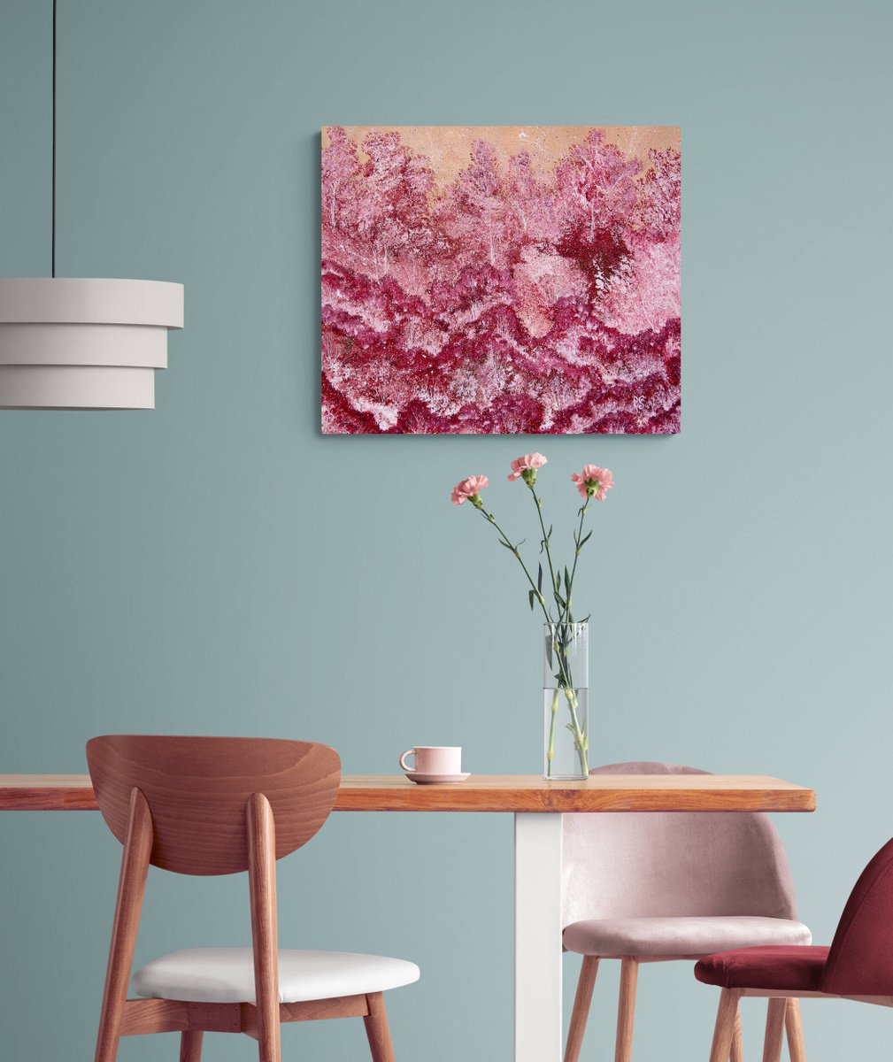 FLOWERING BUSHES - abstract landscape, fairytale world, fantasy, imagination, pink, beige... by Rimma Savina
