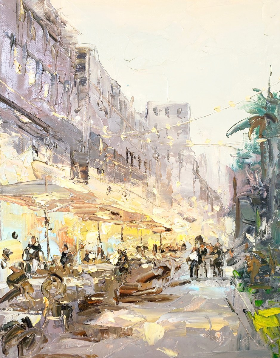 Impressionistic Cityscapes Oil Painting By Irina Alexandrina, 11 X 14, Cafe. Evening., Original Artwork
