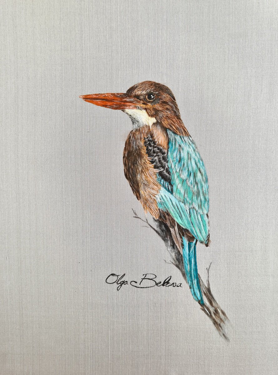 White-throated kingfisher painted on pure silk by Olga Belova