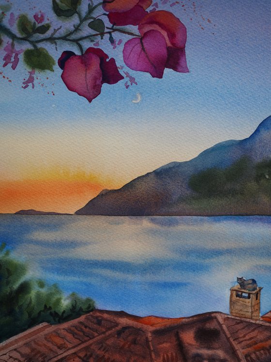 Mediterranean mood - original watercolor cityscape seaview