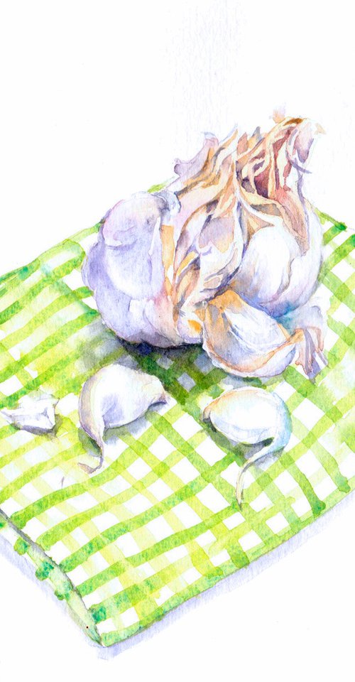 Garlic on green gingham, still life painting, watercolour, kitchen art by Anjana Cawdell
