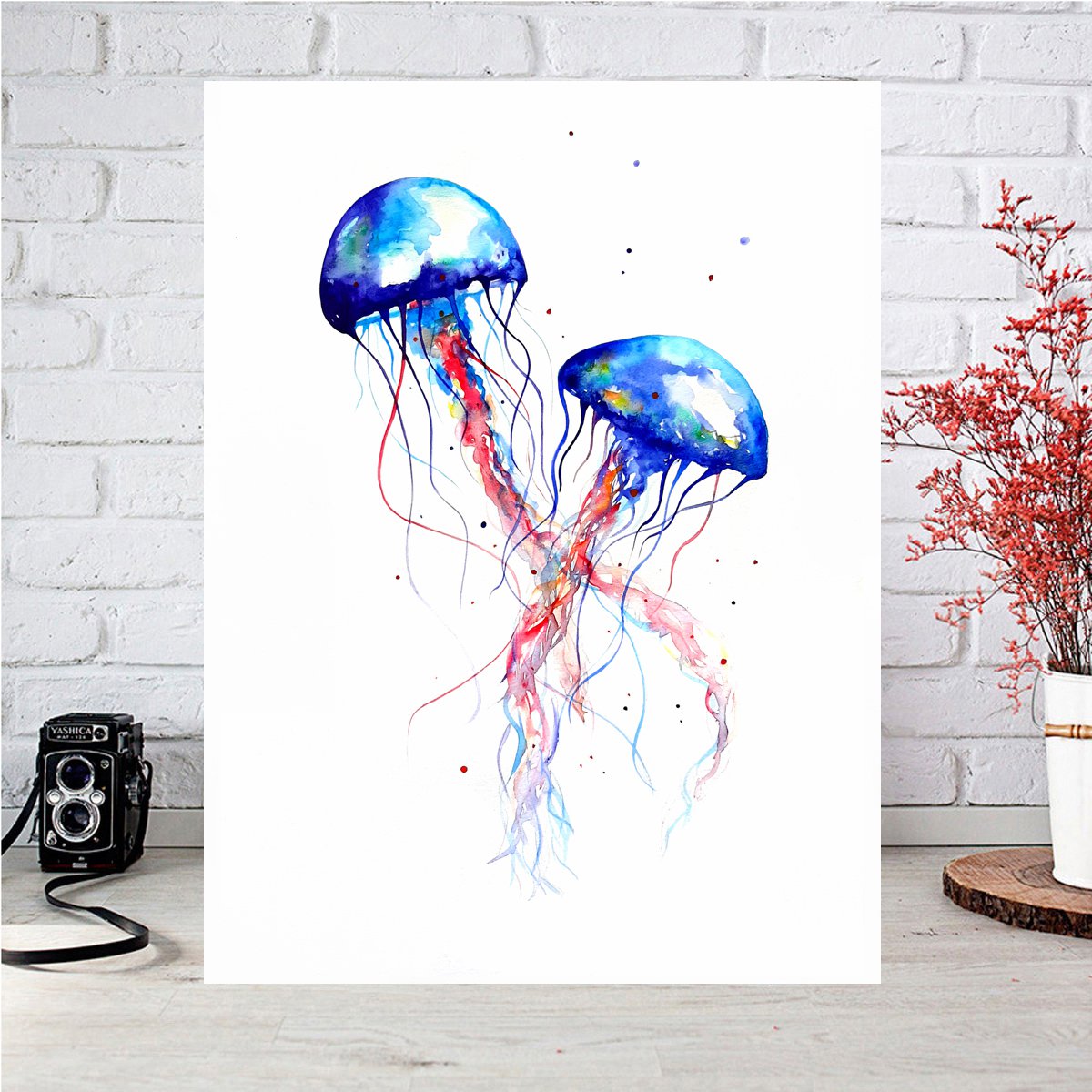 Cartoon Landscape Watercolour By Luba Ostroushko, 8 X 11", Jellyfish Watercolor Painting, Original Artwork