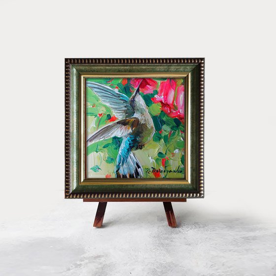 Hummingbird art oil painting original framed 4x4, White hummingbird green painting miniatures, Bird wedding gift