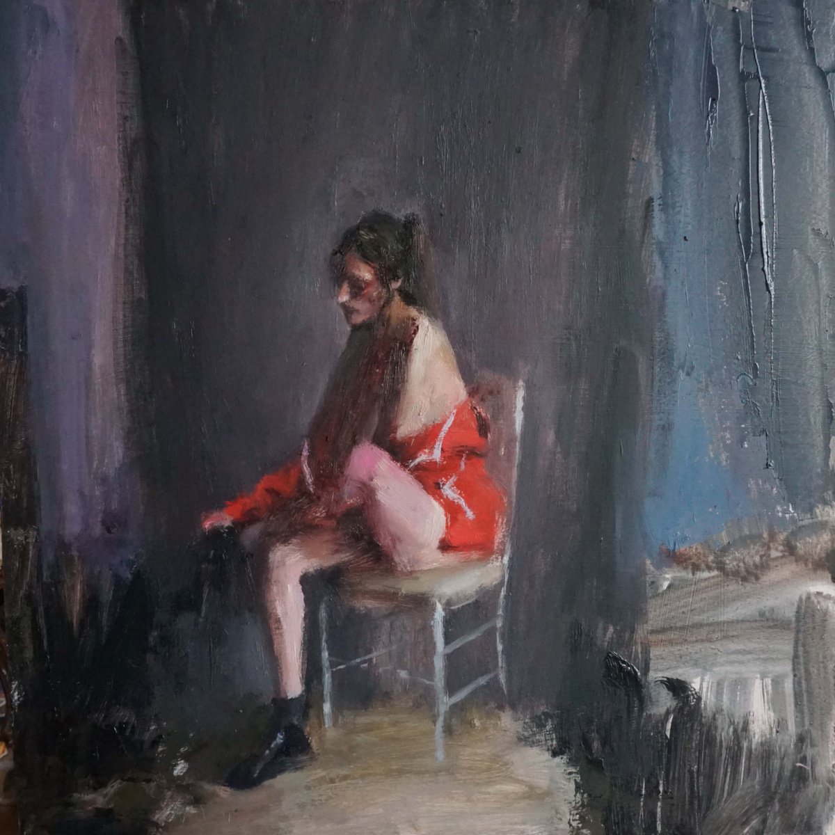 Expressive Portrait Oil Painting By Manuel Leonardi, 16 X 16", Red Jacket, Original Artwork