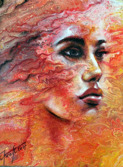 "In Flames  " Original  mixed media  painting on canvas 30x40x2cm.ready to hang by Elena Kraft