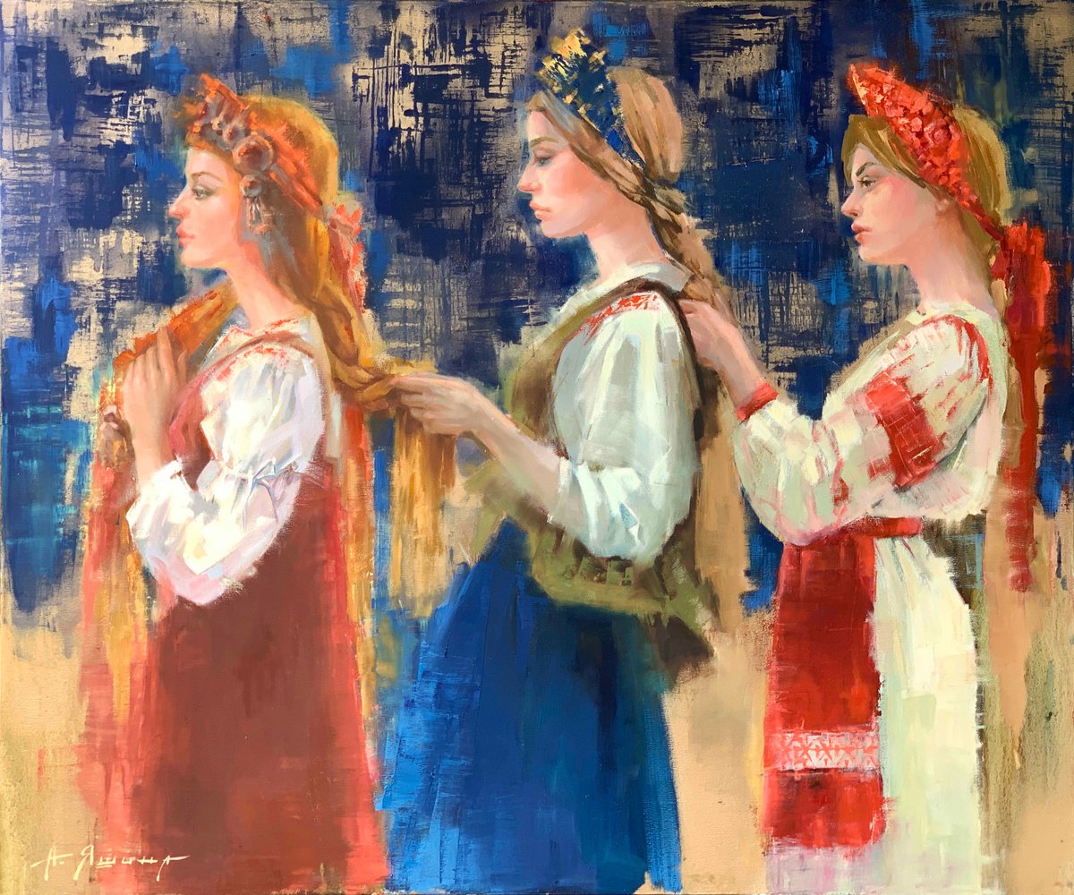 Braiding braids Original oil painting by Alla Yashina