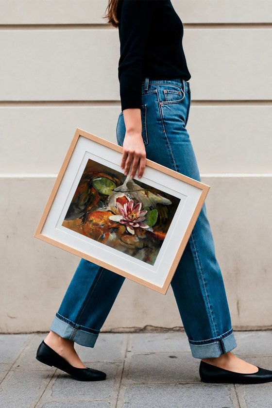 Koi Fish And Water Lily Original Oil Painting