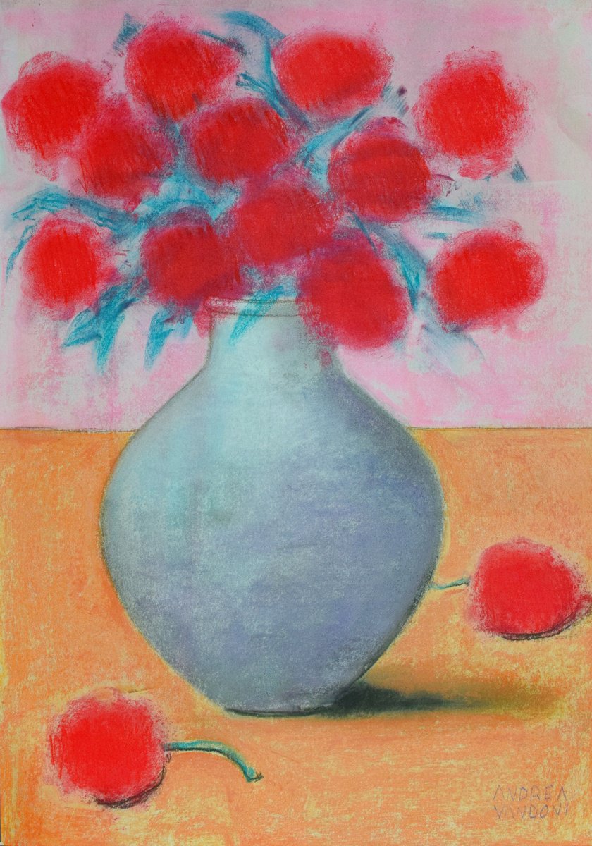 Impressionistic Botanical Pastel Drawing By Andrea Vandoni, 17 X 24, Vase Of Flowers - 5, Original Artwork