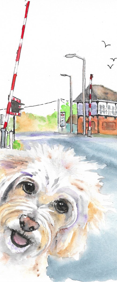 Dog at Railroad Crossing by MARJANSART