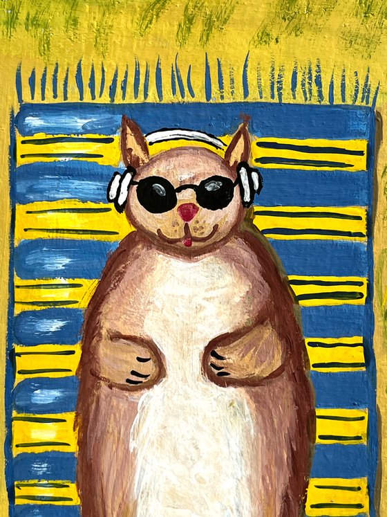 Cat Painting Beach Original Art Pet Artwork Small Animal Wall Art 8 by 12" by Halyna Kirichenko