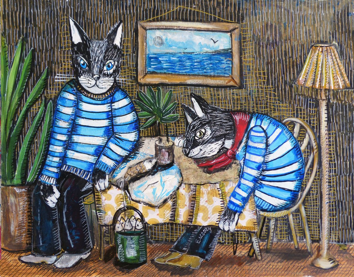 Naive Animal Painting By Elizabeth Vlasova, 12 X 9, Sailors On Vacation, Original Artwork