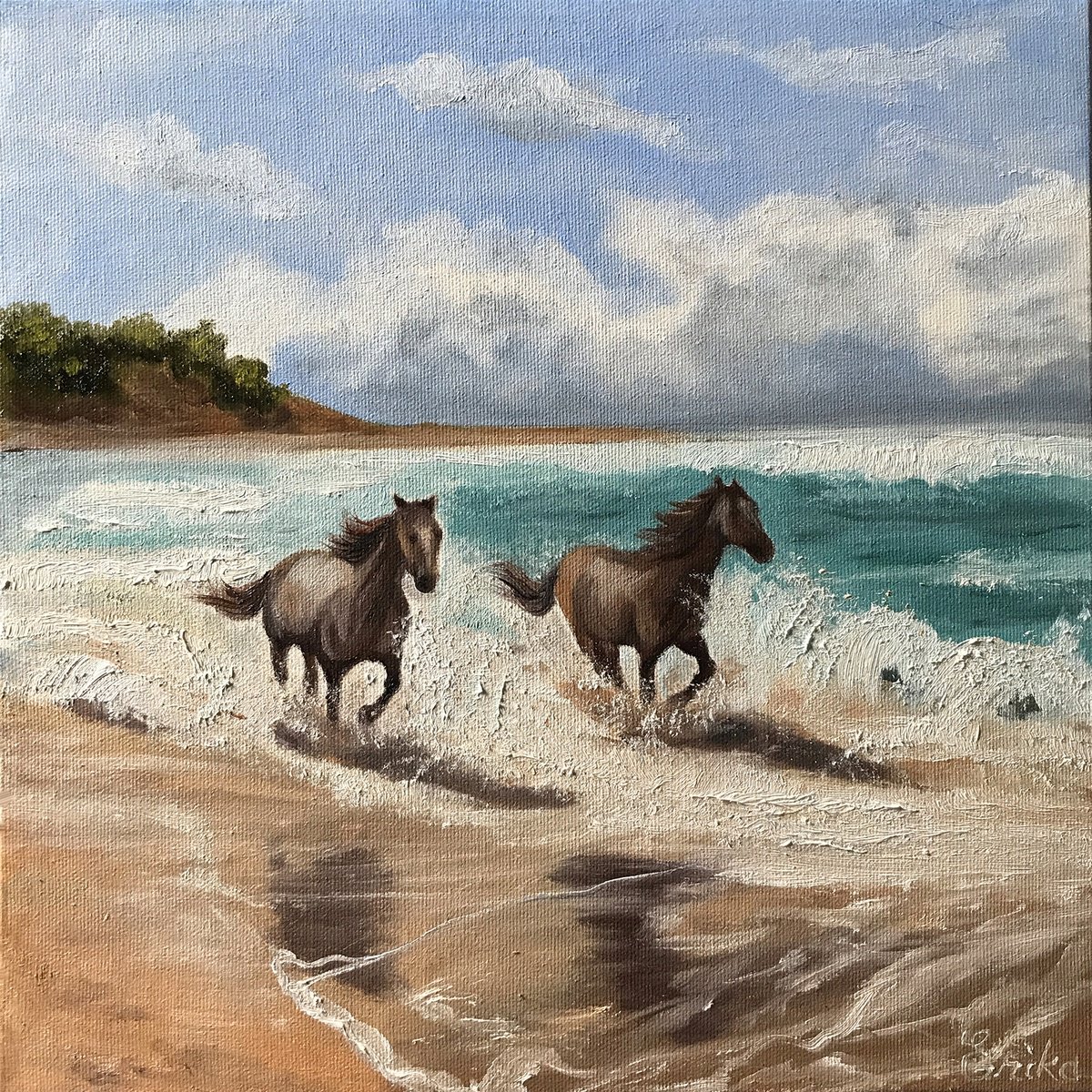 Impressionistic Animal Oil Painting By Erika Farkas, 12 X 12, Beach Horses I, Original Artwork