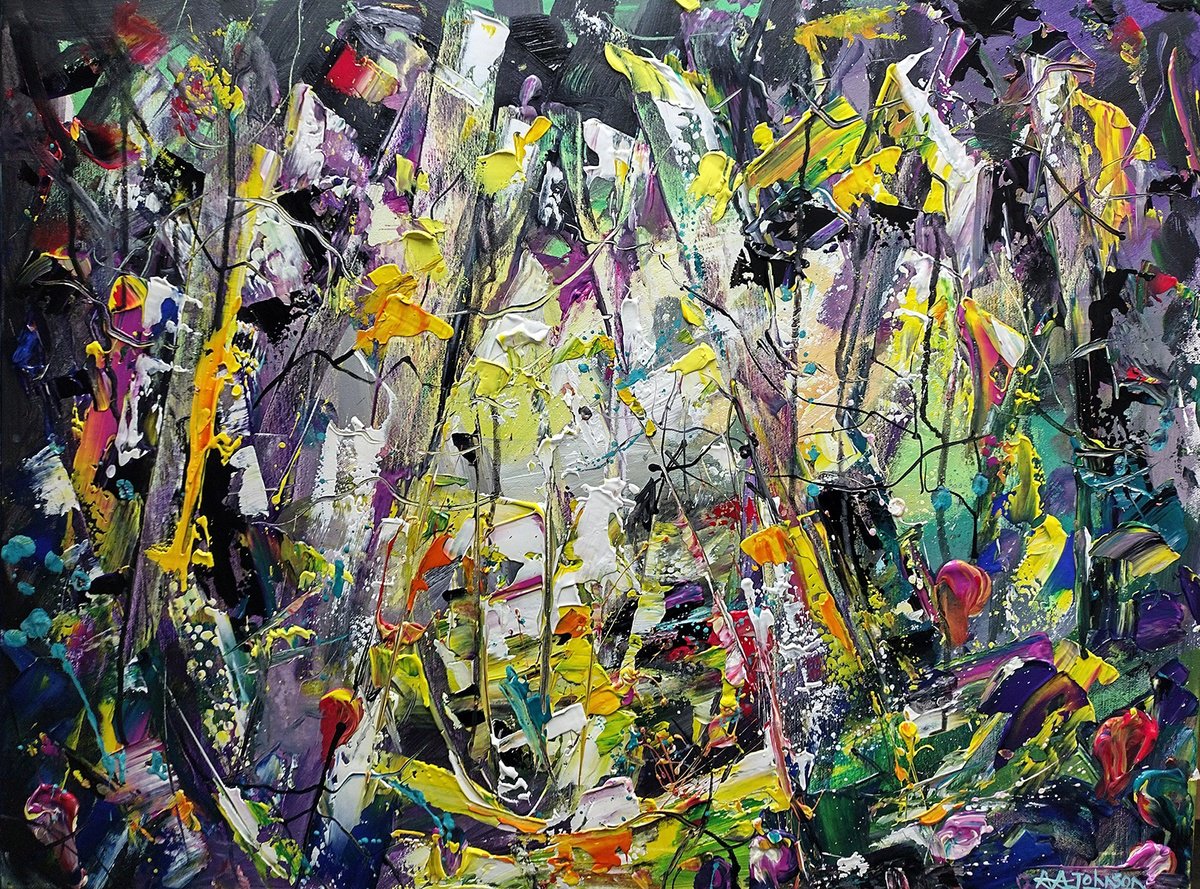 Abstract Acrylic Painting By Andrew Alan Johnson, 31 X 24, Edgy Woodland, Original Artwork