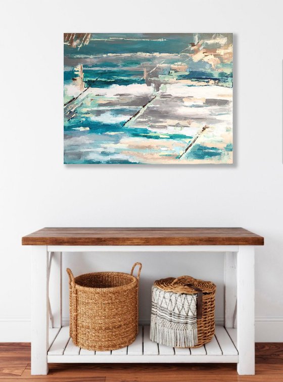 Cold Sea, Abstract Painting Turquoise White Grey Wall Art Abstract Seascape Artwork 90x70 cm ready to hang