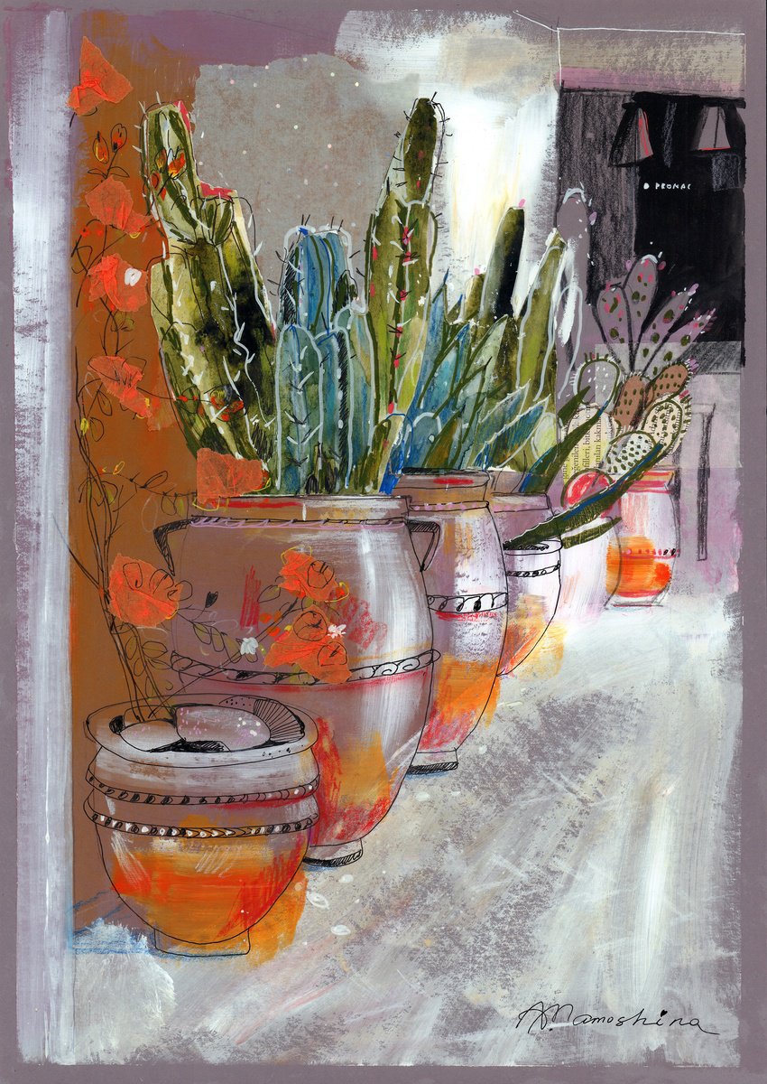 Impressionistic Botanical Painting By Anastasia Mamoshina, 12 X 17, Cacti In Terracota Pots, Original Artwork