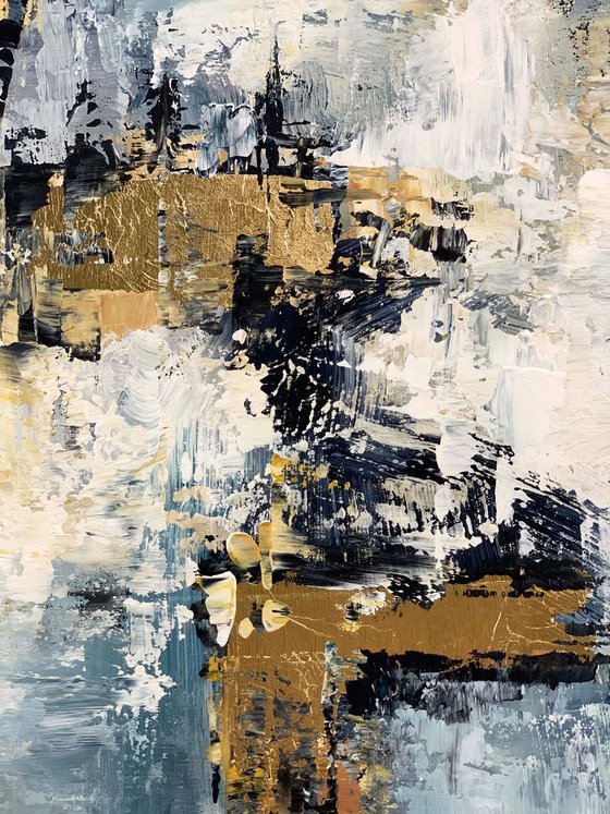 Distractions - 72" x 24" Abstract Painting, Set of Two Paintings, Multi Panel Abstract, ORIGINAL Painting, Gold Leaf Painting, Black and Gold, Large Art