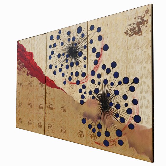 Ocher japanese A857 Large abstract paintings 100x150x2 cm set of 3 original abstract acrylic paintings on stretched canvas