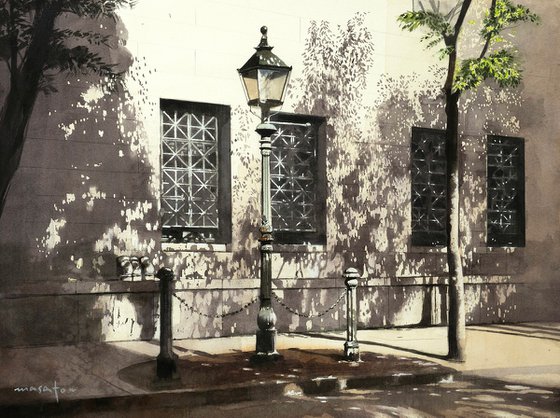 Vintage Streetlamp and Dappled Shadows