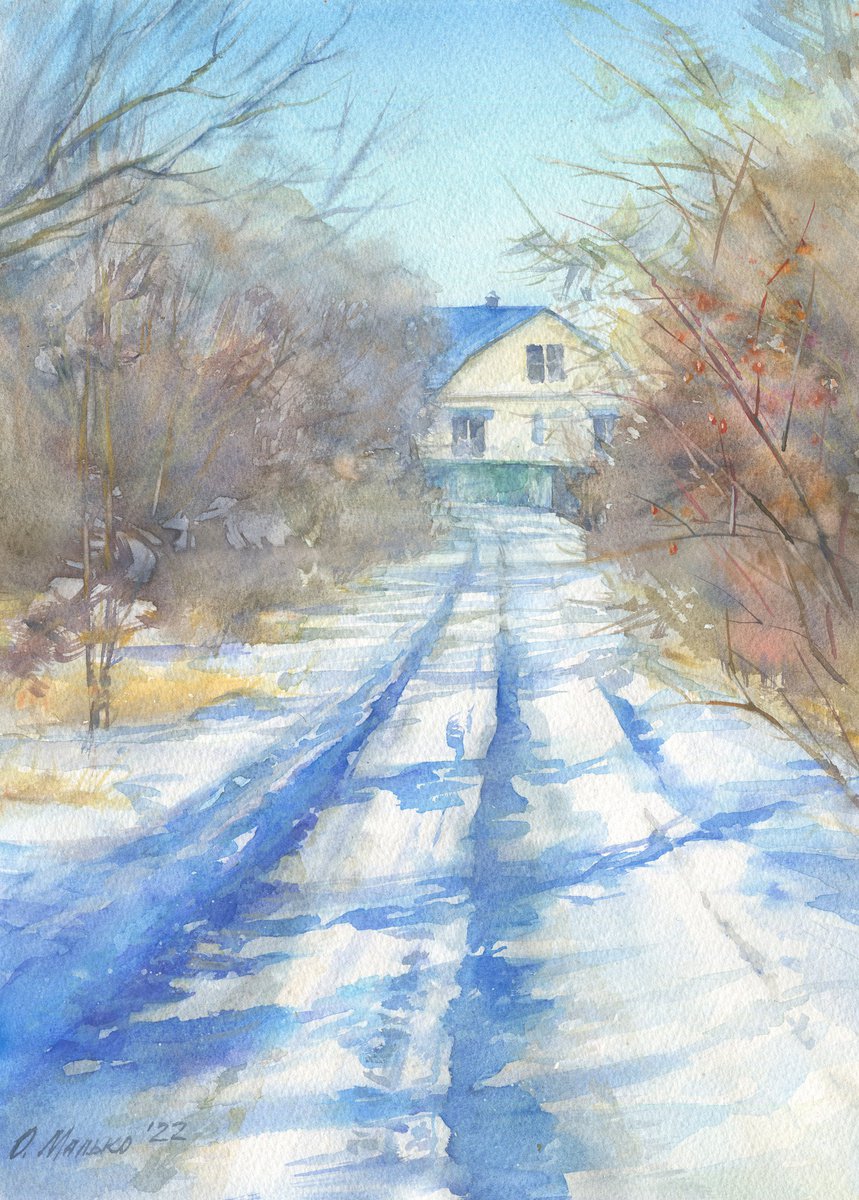Blue dirt road / ORIGINAL artwork Watercolor picture Countryside scenery with farmhouse Su... by Olha Malko