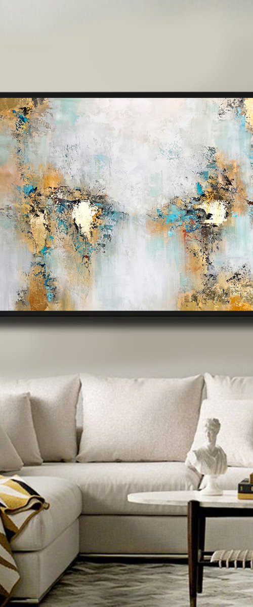 Awake - White Abstract Gold Teal Painting Original, Large Size, Gold Leaf, Sky, Living Room Art, Wall Art Decor Size: 48"x32" (120x80 cm) by Lana Guise