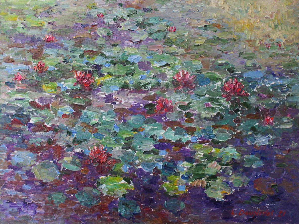 Impressionistic Botanical Oil Painting By Liudvikas Daugirdas, 31 X 24", Water Lilies In The Deep Pond, Original Artwork