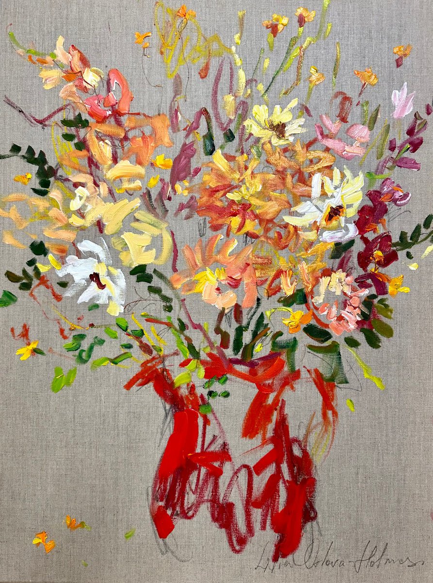 Summer flowers in a red jug by Lilia Orlova-Holmes