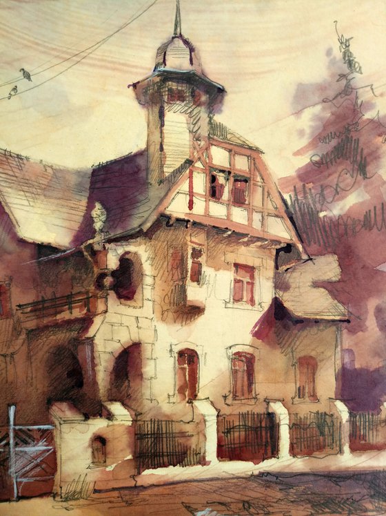 "An old mansion in a fabulous style" architectural landscape - Original watercolor painting