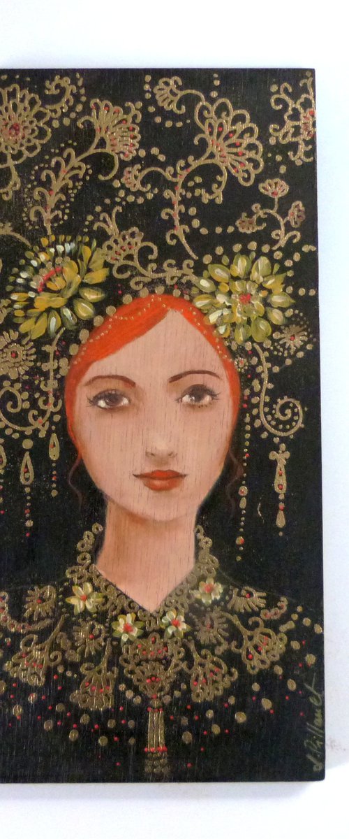 Golden secrets 15 x 30 cm on wood. by Loetitia Pillault