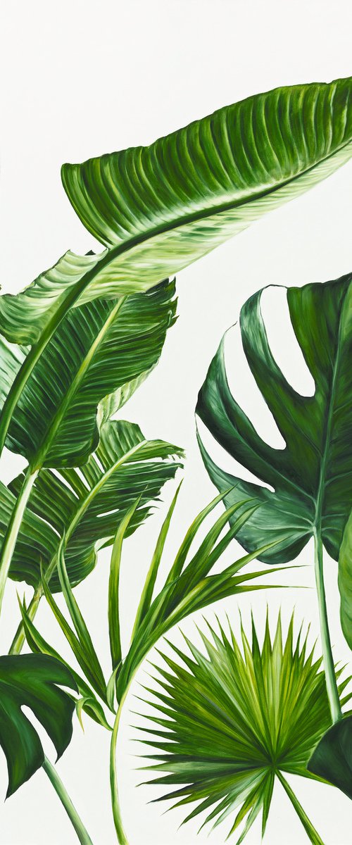 Big oil painting with palm and monstera leaves 100*120 cm by Irina Ivlieva
