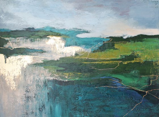 "North" Green and gold abstract acrylic art