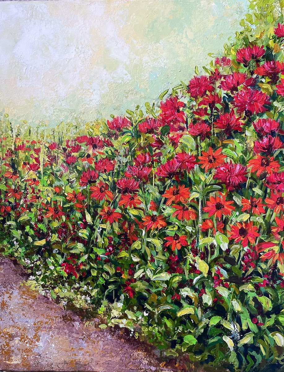 Impressionistic Landscape Acrylic Painting By Colette Baumback, 20 X 28, The Red Garden, Original Artwork
