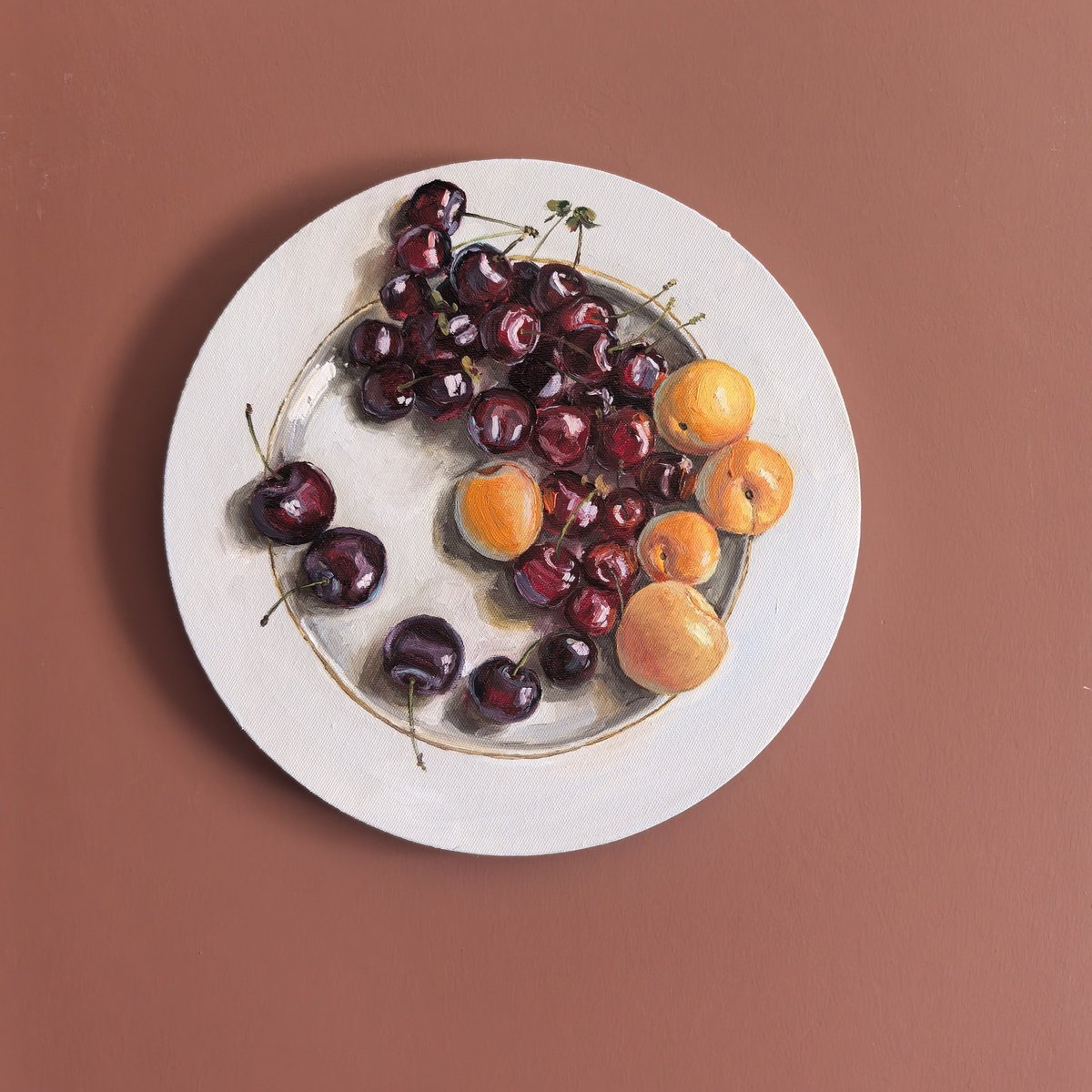 Impressionistic Still Life Oil Painting By Leyla Demir, 12 X 12", Sweet Cherry, Original Artwork