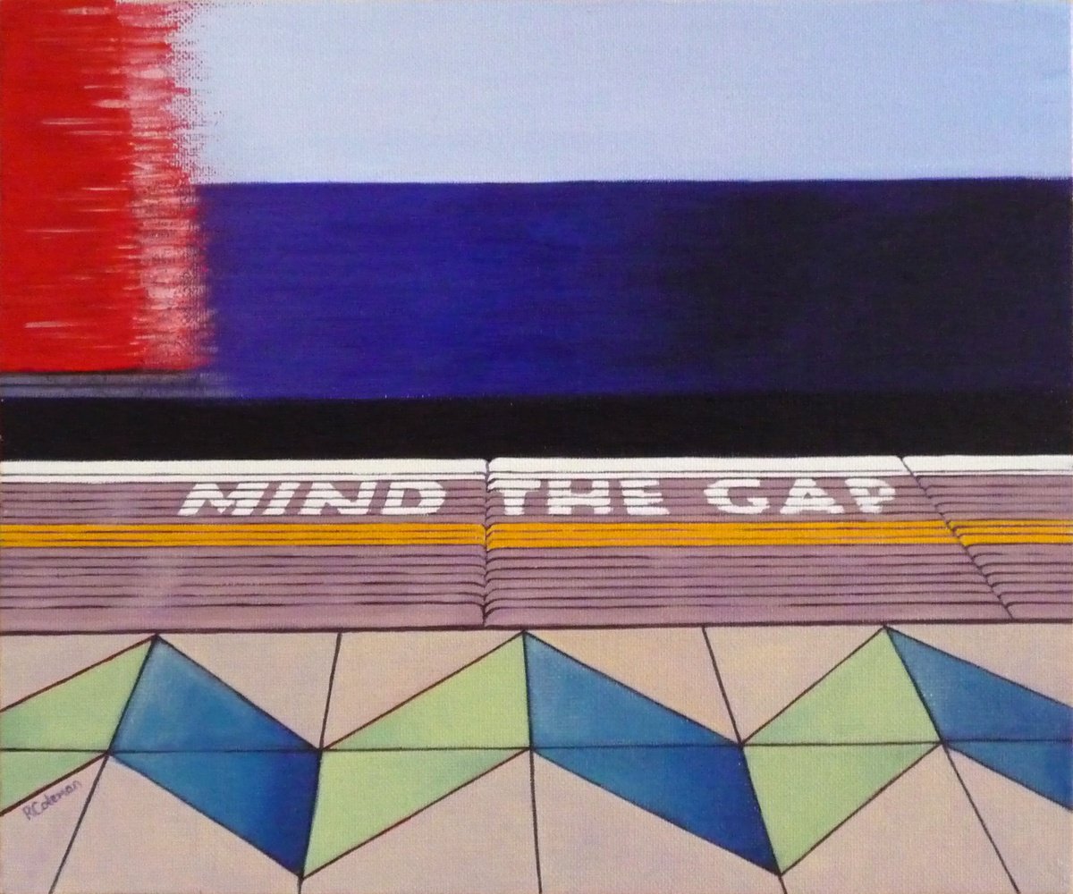 Cityscapes Acrylic Painting By Rebecca Coleman, 14 X 12", Mind The Gap 1, Original Artwork