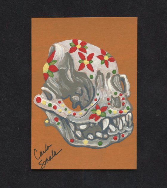 ACEO ATC Original Day of the Dead Sugar Skull Painting Boston Terrier Pet Dog Art-Carla Smale