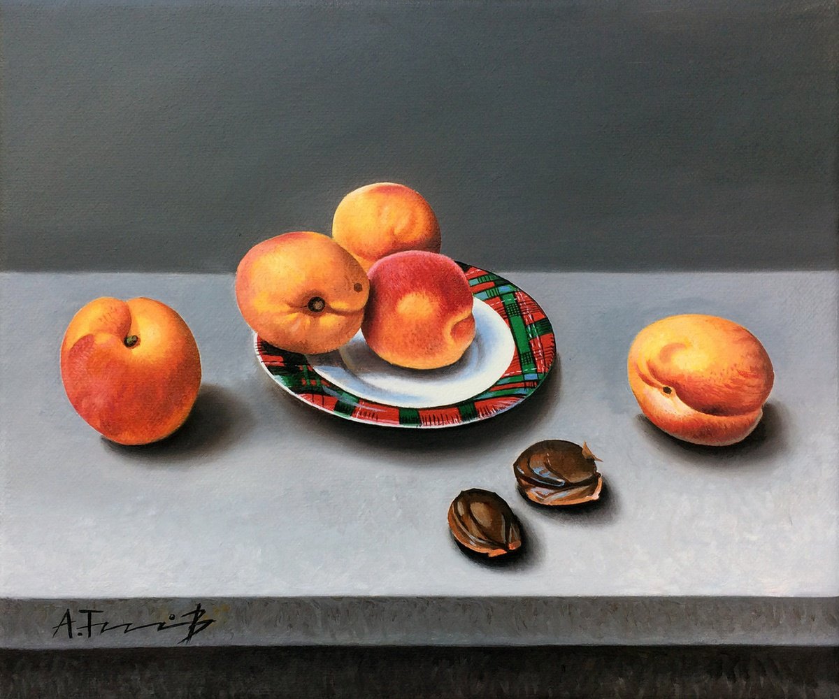 Photorealistic Still Life Oil Painting By Alexander Titorenkov, 12 X 10, Still Life With Apricots, Original Artwork