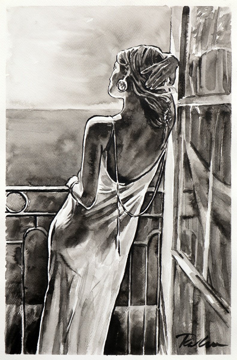 Urban And Pop Portrait Ink Drawing By Tashe, 12 X 18", "Sunny Riviera", Original Artwork