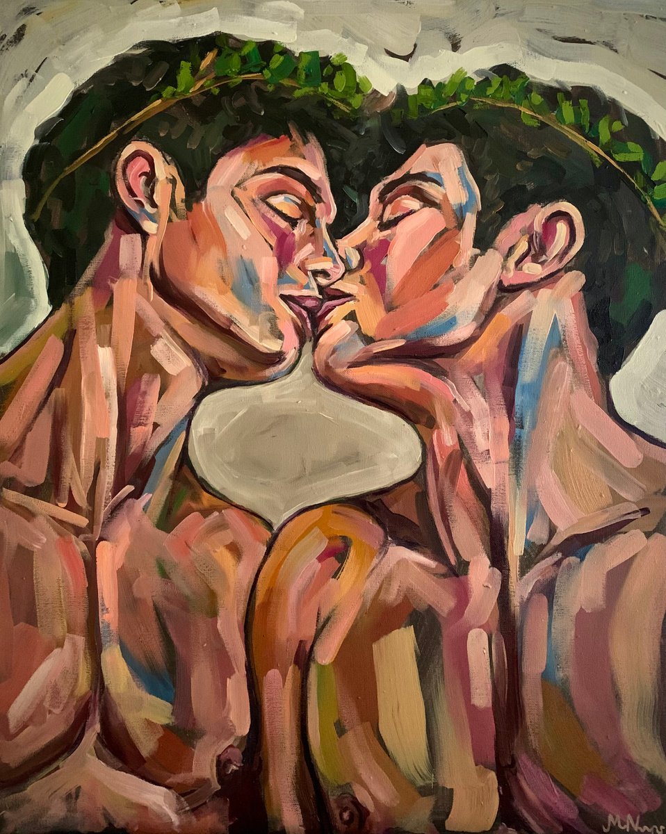 Gay lovers men kiss painting by Emmanouil Nanouris