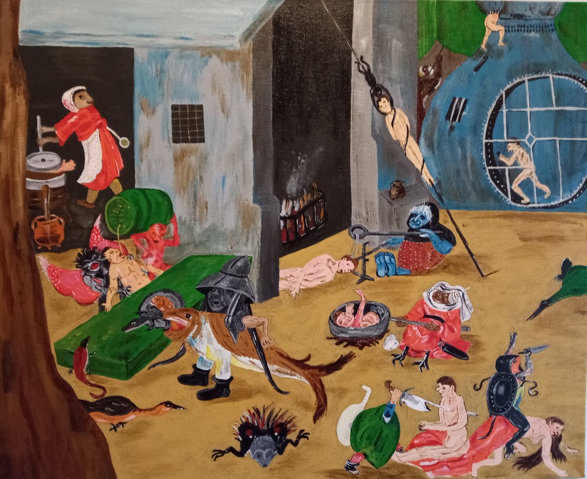 Naive Animal Acrylic Painting By Corinne Hamer, 22 X 18, Bosch Judgement, Original Artwork